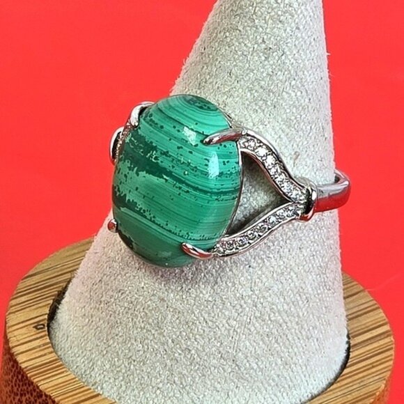 925 Sterling Silver Ring Sz 8.5 with Natural Malachite & CZ - Picture 6 of 13